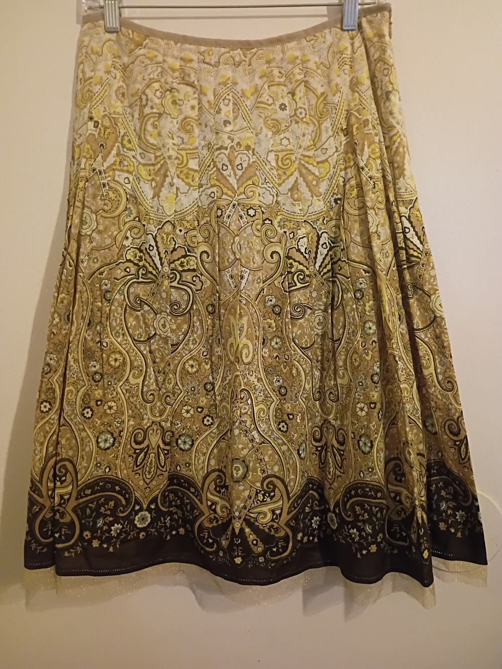 VTG Talbots Tan Paisley A-Line Skirt with Brown Border And Mesh Bottom Sz 8
